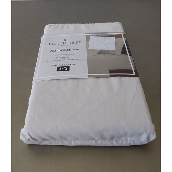 FIELDCREST White PARCHMENT Cotton Percale Standard Queen Pillowcases 2-Pk 300TC - Picture 2 of 8
